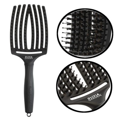 Olivia Garden Fingerbrush Care Iconic Boar&Nylon Full Black L, Szczotka do Rozczesywania Włosów, Włosie Dzika, Duża