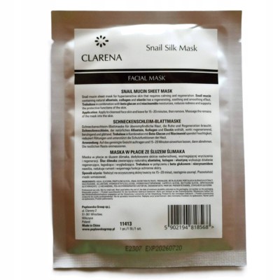 Clarena Snail Silk Mask, Regenerująca Maska w Płacie na Twarz ze Śluzem Ślimaka, 1szt