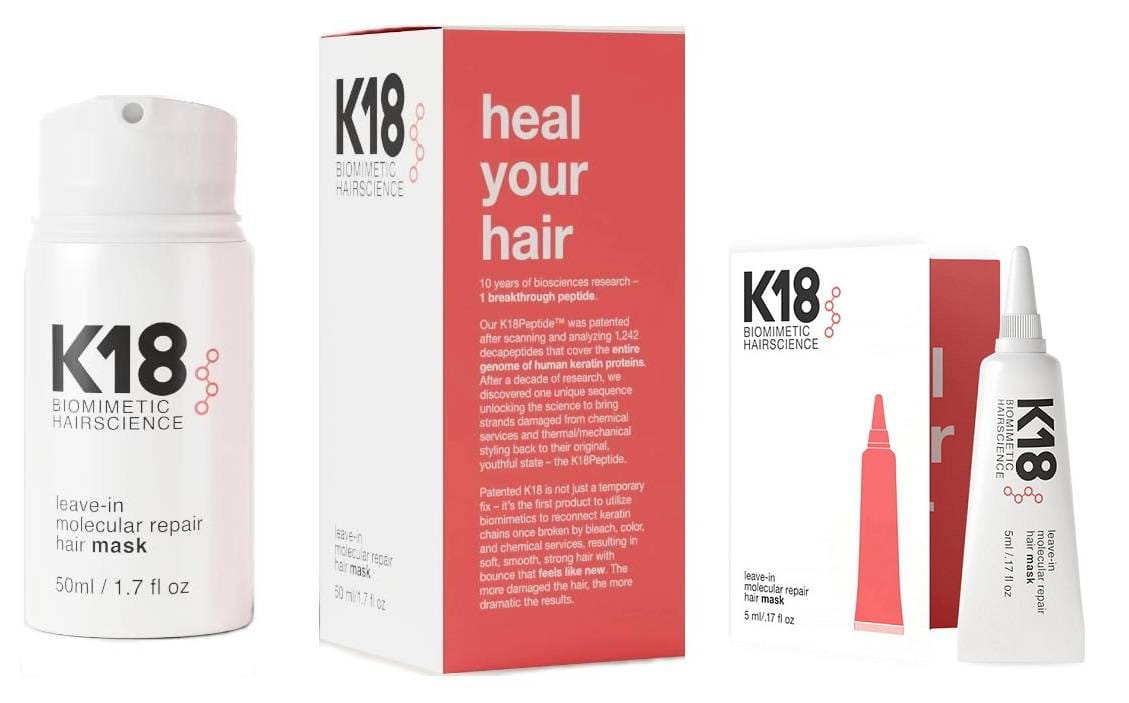Несмываемая маска для волос K18 Leave-in Molecular Repair Hair Mask, для повреждённых волос, набор 50 мл и 5 мл