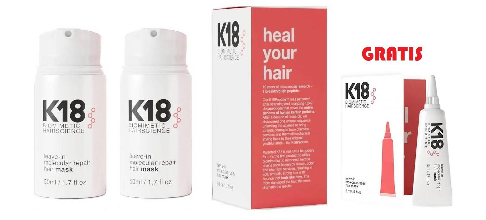 Несмываемая маска для волос K18 Leave-in Molecular Repair Hair Mask, для повреждённых волос, набор 2 × 50 мл и 5 мл